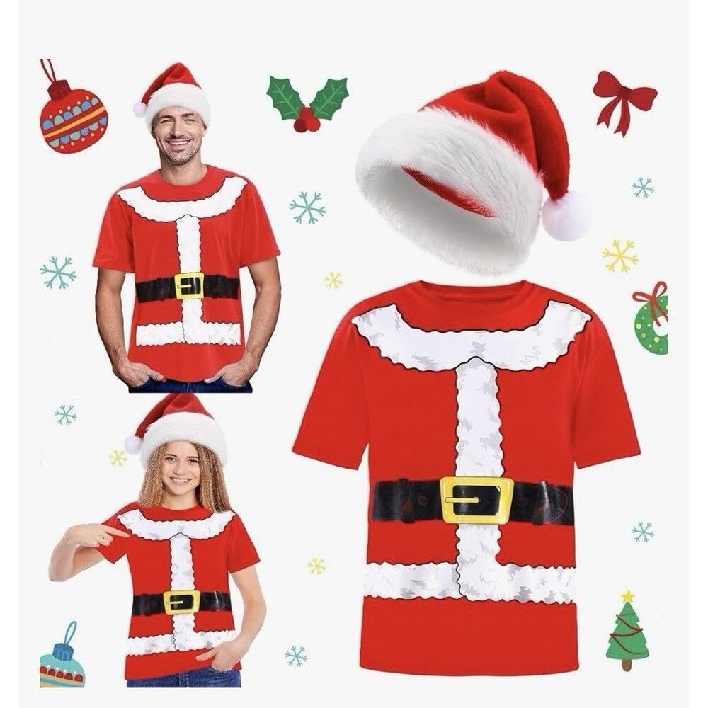 2pcs Christmas Santa Claus Costume Unisex Xmas Funny Santa Shirt with Red Hat(L)